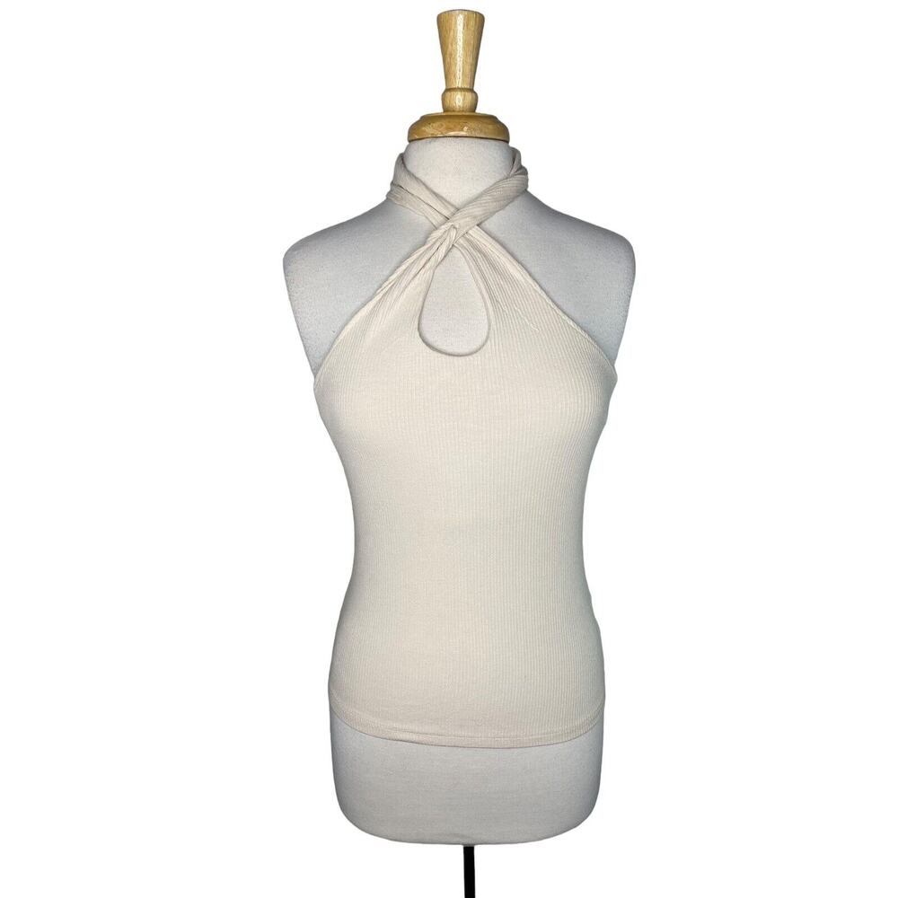 HEARTLOOM NEW Twist Tana Ribbed Halter in Ecru Beige Size Medium Tank Sleeveless